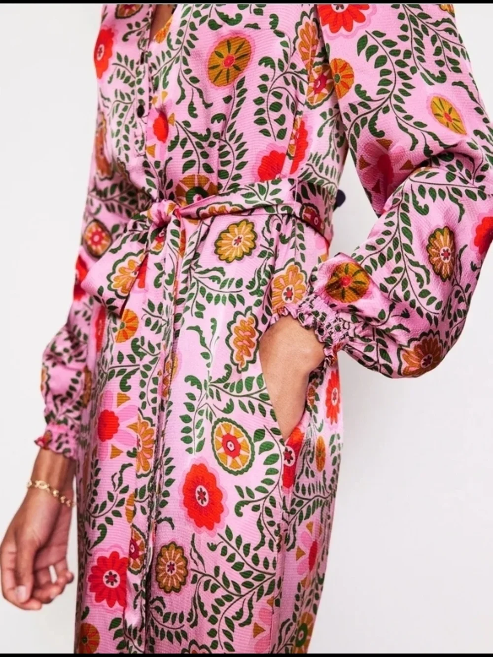 Boden Pink Floral Belted Midi Satin Dress - Size 14 - Picture 3 of 12